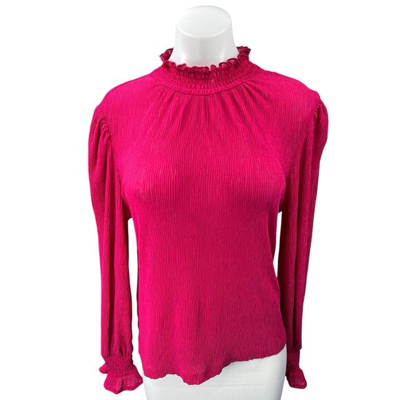 MNG Women's Pink Ruffle High Neck Puff Long Sleeve Pullover Blouse Top Size M - Picture 1 of 5
